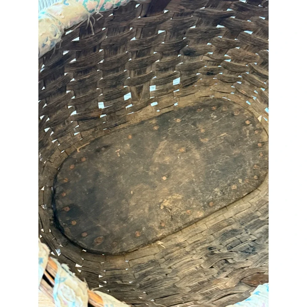 Antique Primitive Splint Gathering Basket Solid Carved Wood Bottom 19th C Patina
